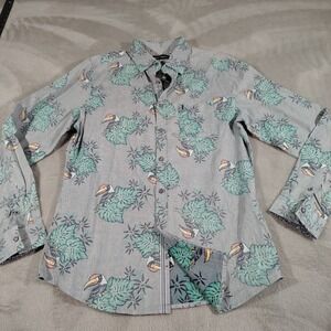 Belle Street Shirt Men M Blue Tropical Toucans Paradise Floral Cotton Vacation